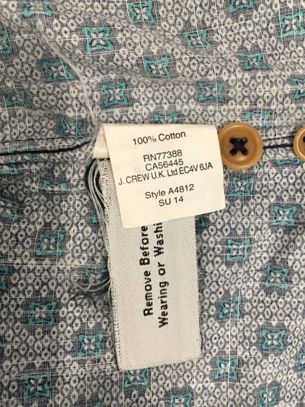 J CREW Blue White Turquoise Print Long Sleeve Button Shirt